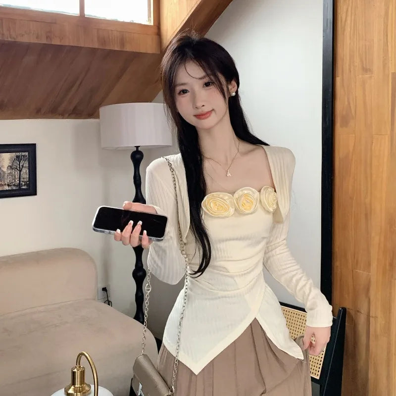 Women Clothes Spring Autumn Fashion Simplicity Office Lady Trend Pure Desire Wind Jacquard Solid Color Two-piece Set Cardigan