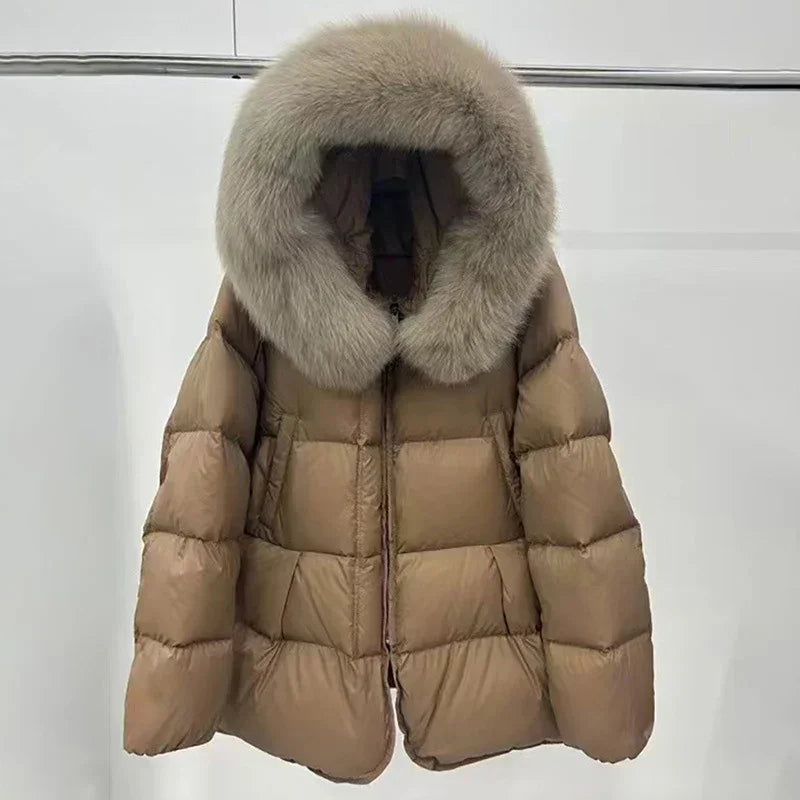 Schinteon Women 100% Real Fox Fur Collar White Duck Down Jacket with Hood Autumn Winter Warm Casual A-lined Warm Outwear Cape
