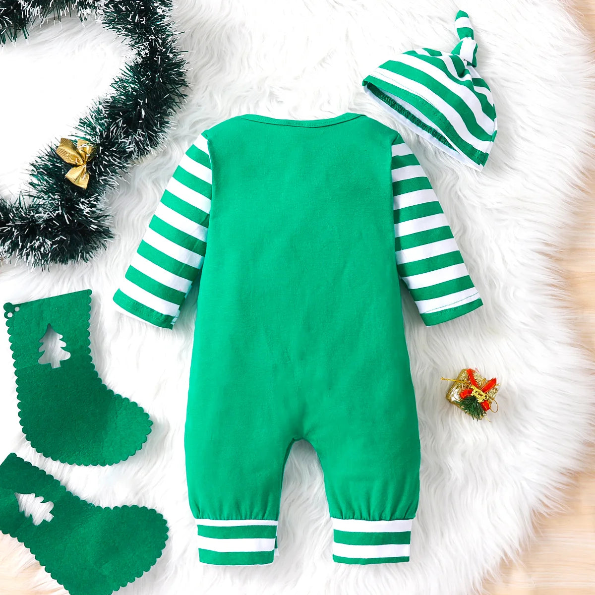 0-18 Months Spring Autumn Baby Boys And Girls Christmas Day Style Monogram Print Panels Striped Long Sleeve Climbing Suit