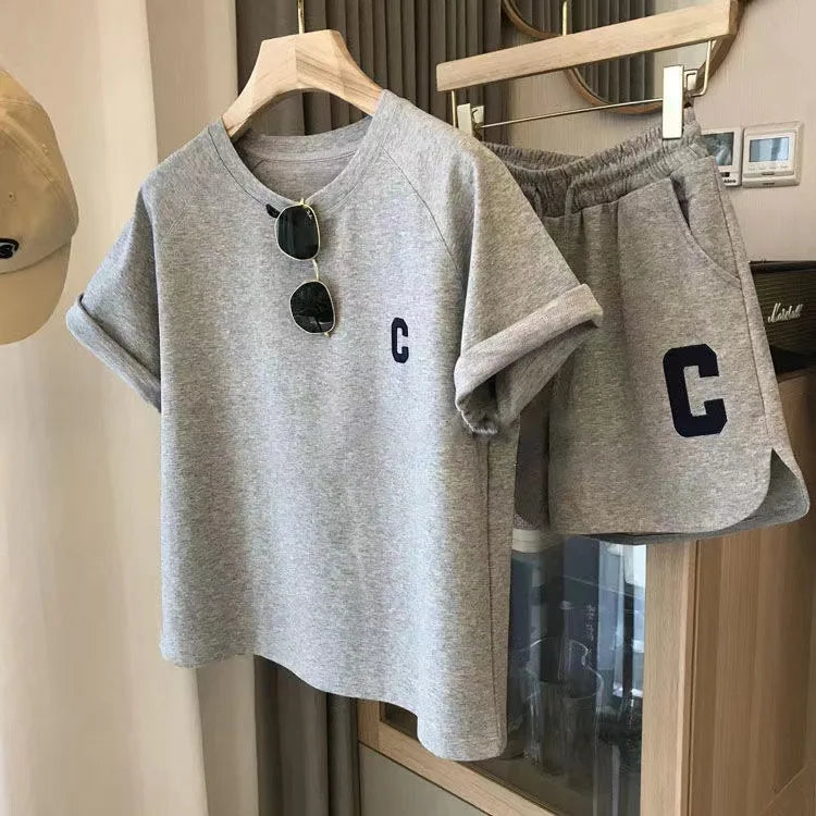 ﻿ 2 Piece Set Women Summer Loose Short Sleeve T-Shirt Casual Shorts Sports Print Letter Casual Suit Large Size Short Pajamas