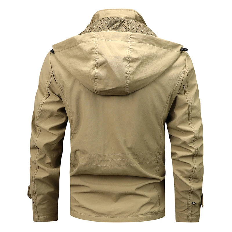Spring Autumn New Men Windproof Casual Jacket Coat Detachable Hat Jacket Men Multi-Pocket Waterproof Military Jacket Male M-5XL