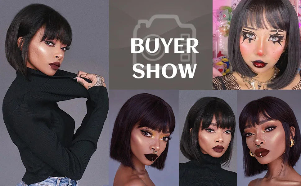 Synthetic 12 Inch Short Bob Black Wig With Bangs for Women Natural Looking Soft Hair Replacement Wigs Velma Kelly Halloween