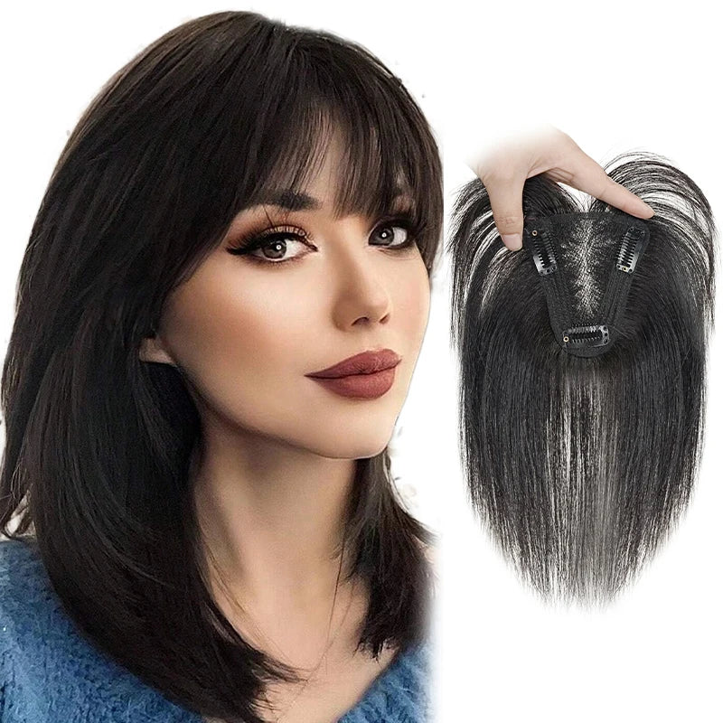 25cm 100% Human Hair 9*10cm Hairnet Black Dark Brown Clip in Hair Topper Extension with Bangs Top Wig Piece