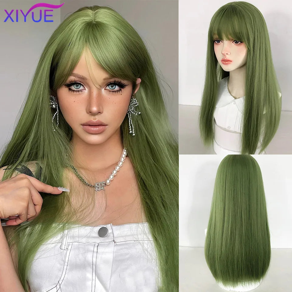 XIYUE Long Straight Black Wig With Bang Synthetic Wigs for Women Heat Resistant Natural Hair for Daily Halloween Cosplay Party
