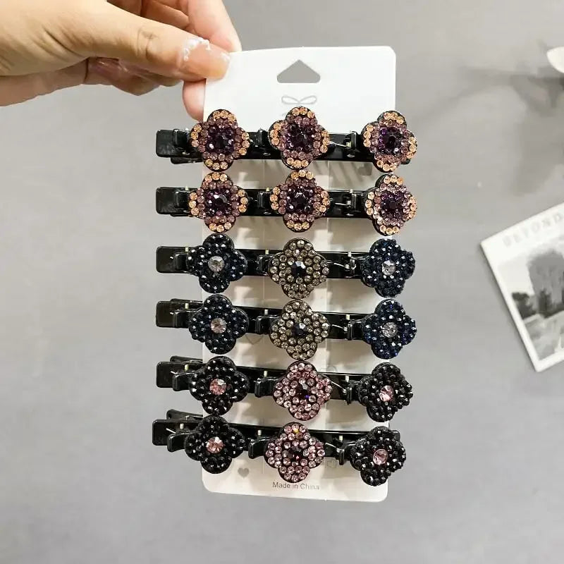 1PC Fashion Four-leaf Clover Braided Hair Finishing Side Clip Sparkling Crystal Stone Braided Hair Clips Forehead Bangs Clip