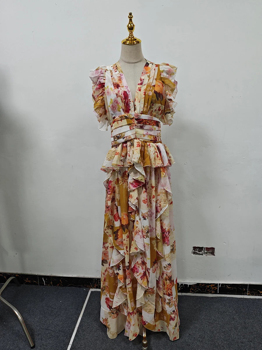 VGH Runway Style Maxi Dresses for Women V Neck Sleeveless High Waist Patchwork Ruffles Edge French Sexy Printed Dress Female New