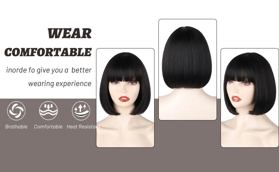 Synthetic 12 Inch Short Bob Black Wig With Bangs for Women Natural Looking Soft Hair Replacement Wigs Velma Kelly Halloween