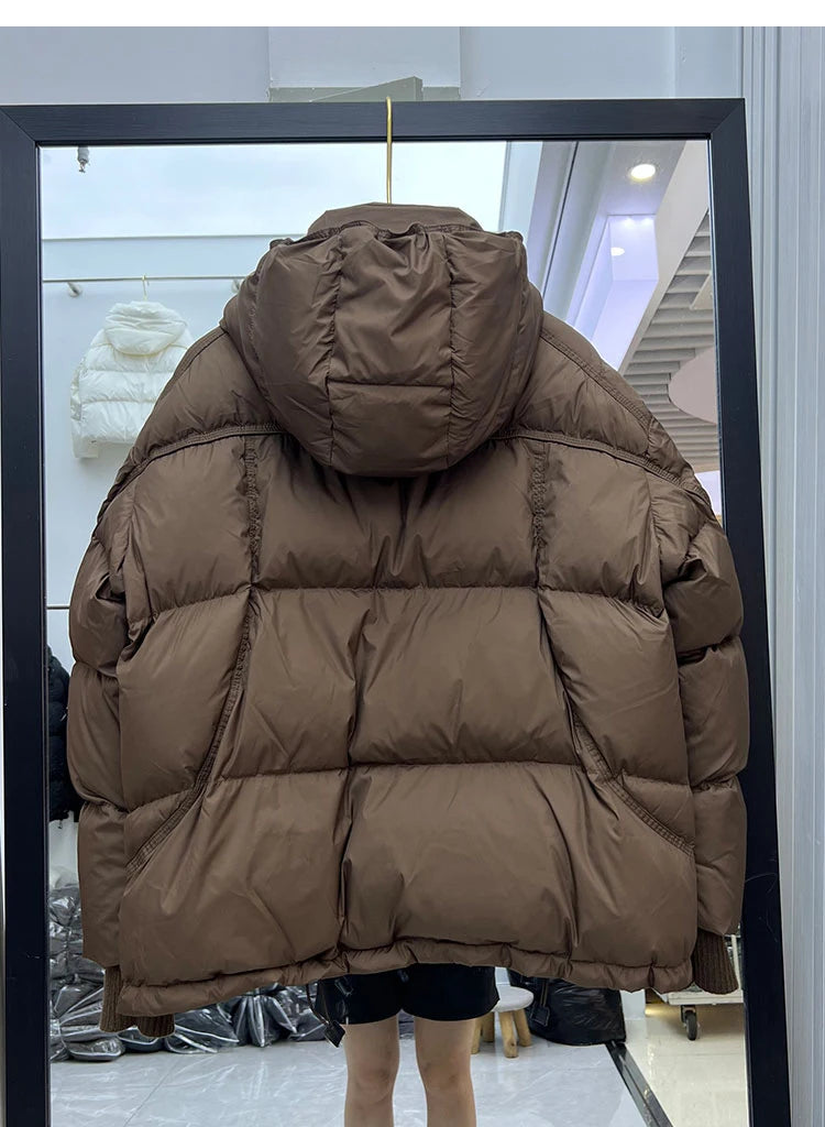 Schinteon Women White Duck Down Jacket with Hood Autumn Winter Warm Outwear Korean Style Over Size Loose Solid Color Coat 2025