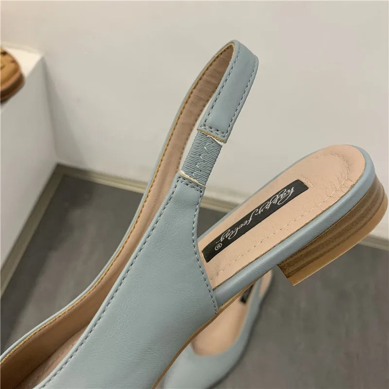 Elegant Slingback Flat Sandals Women Solid Leather Pointed Toe Shoes Summer Ladies Rear Strap Sandalias Low Heel Mary Janes 2025
