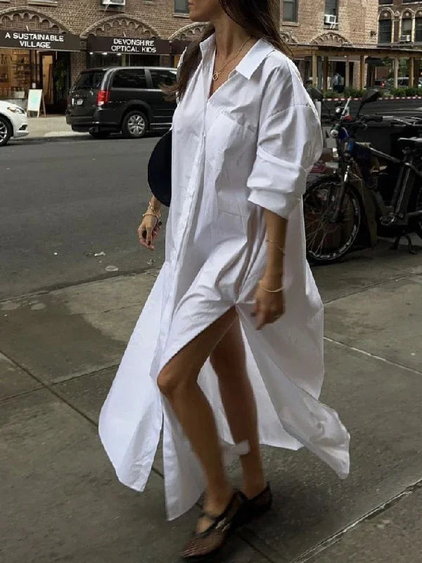 Modigirl Maxi Dresses for Women 2025 Summer Going Out Clothing Split-side Woman Boyfriends Style  Buttoned Long Shirt Dress