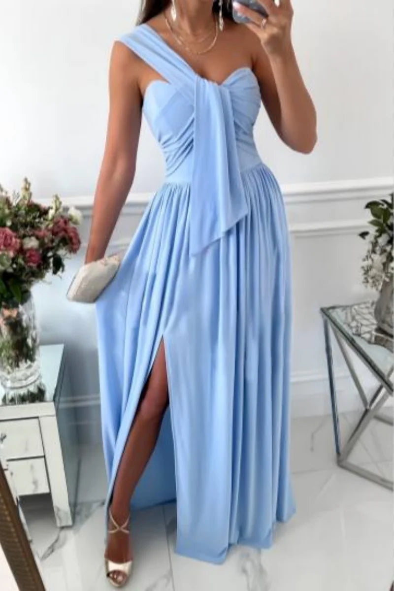 Party Long Maxi Dresses for Women Elegant One Shoulder Ruched Bandeau Evening Party Cocktail Gown Flowy Split Dress