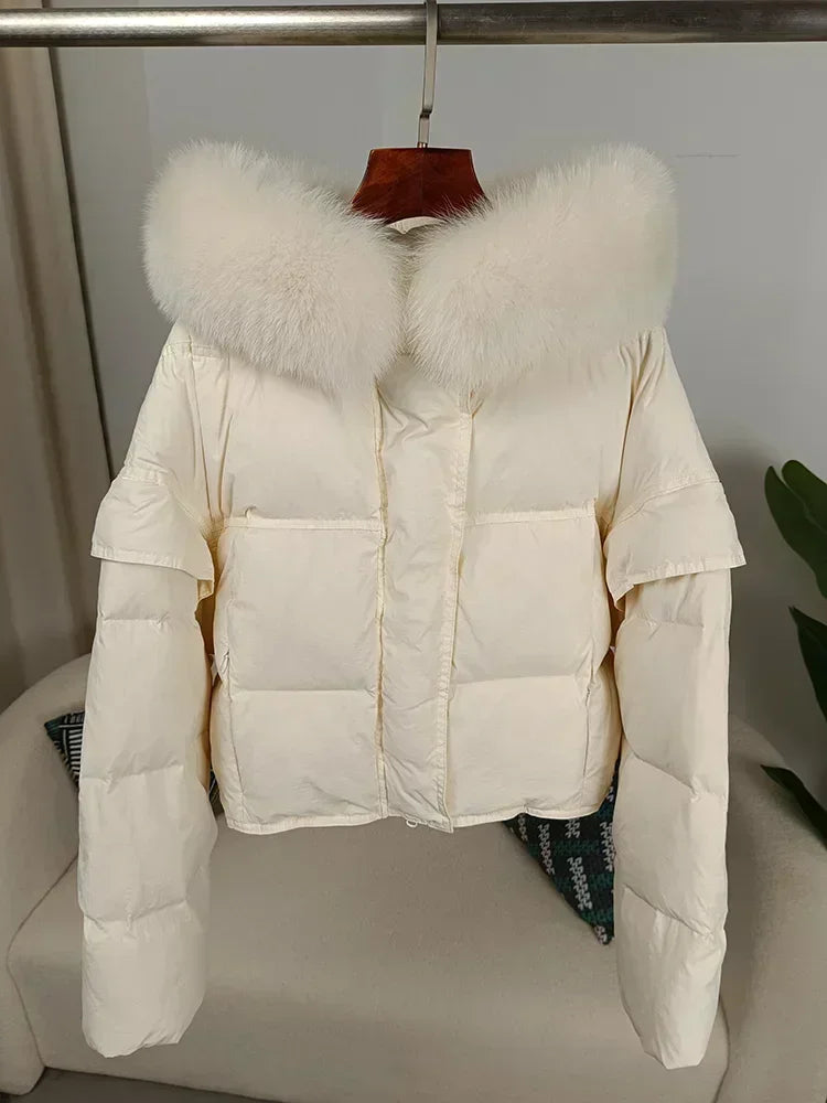 Outerwear Autumn Winter Women Hooded Fashionable Streetwear Detachable Sleeve Real Raccoon Fur Collar Jacket Duck Down Loose