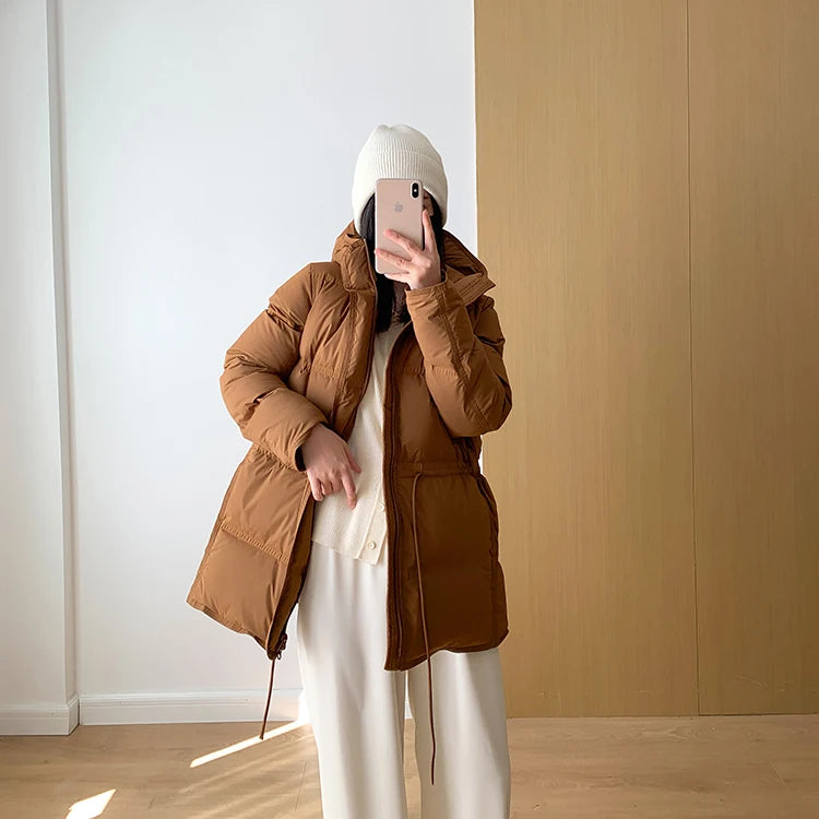 2023 New Autumn Winter Women Fashion Hooded 90% White Duck Down Coat Lady Slim Thick Warm Zipper Drawstring Lace-up Snow Jacket