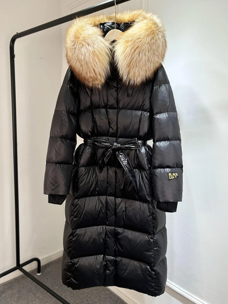 Janveny X-long Shiny Puffer Jacket Women Hooded Winter Thick Goose Down Coat Belt Large Natural Fox Fur Female Parkas Waterproof