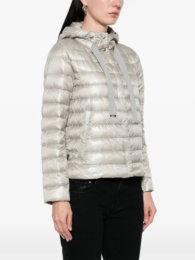 2025H new style pure color drawstring hooded temperament commuting light and thin down jacket