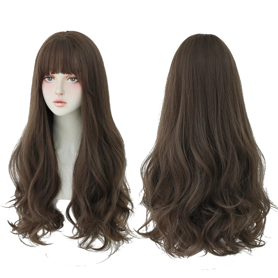 7JHH WIGS Popular Brown Ash Long Deep Wave Hair Lolita Wigs With Bangs Synthetic Wig For Women Fashion Thick Curls Wigs Girl