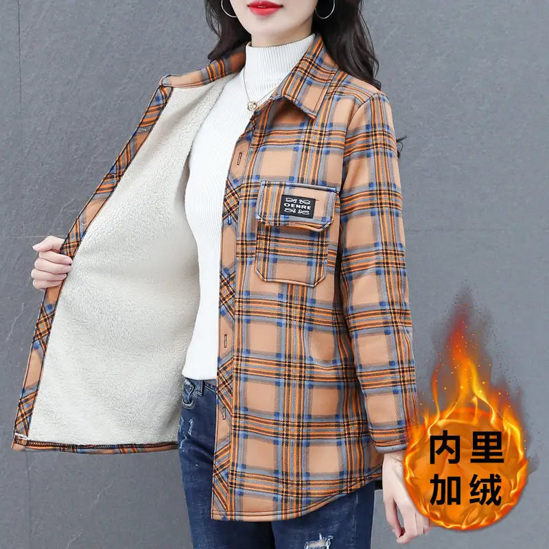 Women's Plaid Plus Velvet Shirt Vintage Thickened Oversized Keep Warm Woolen Blouses Loose-Fit Tops Outwear Female Clothes Shirt