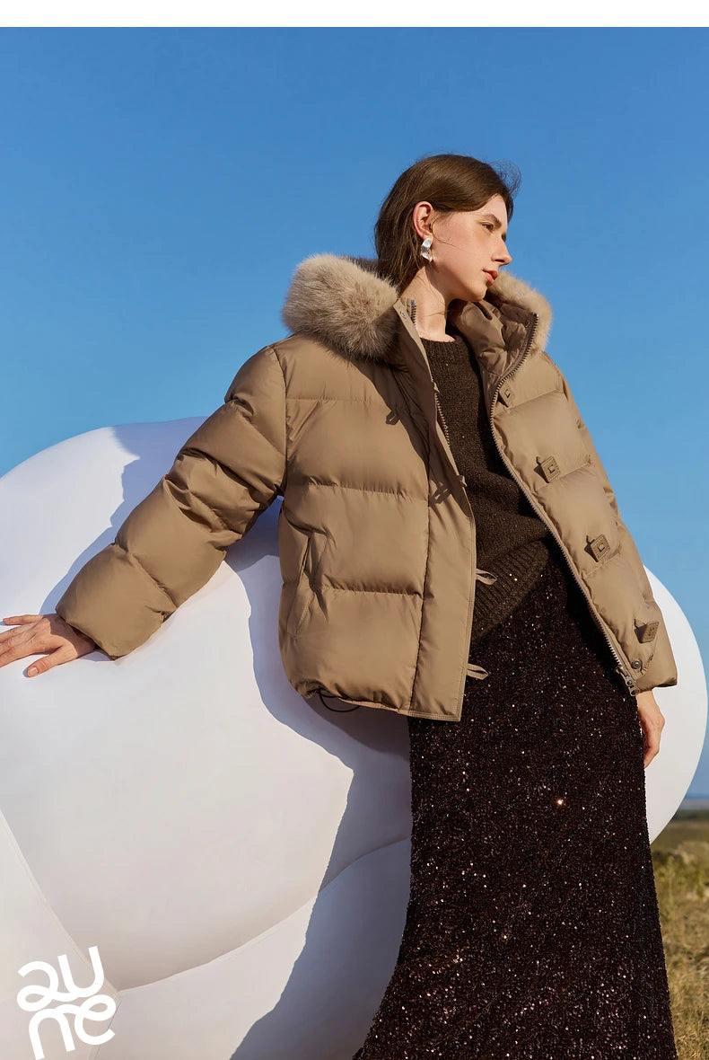 TOYOUTH Women Down Jacket 2024 Winter New 90% White Duck Down Fur Collar Hooded Warm Jacket Coat