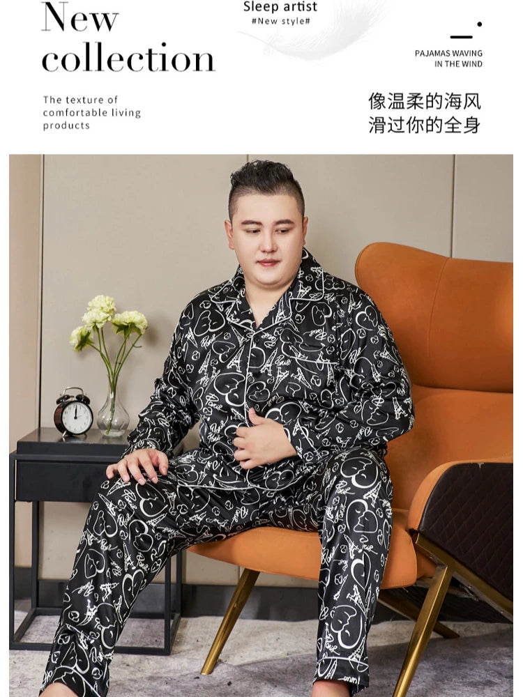 3XL-5XL 165KG Extra Large Size Pajamas Men Print Satin Long Sleeve Trouses Suit Spring Summer Fatty Fattening Loose Home Clothes