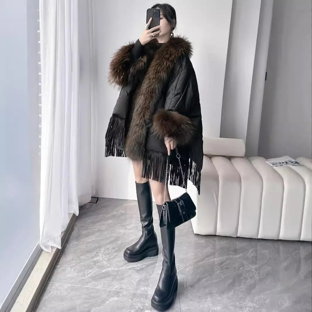 Down jacket for women in winter 2024, new cloak, oversized fur collar, medium to long loose white duck down jacket