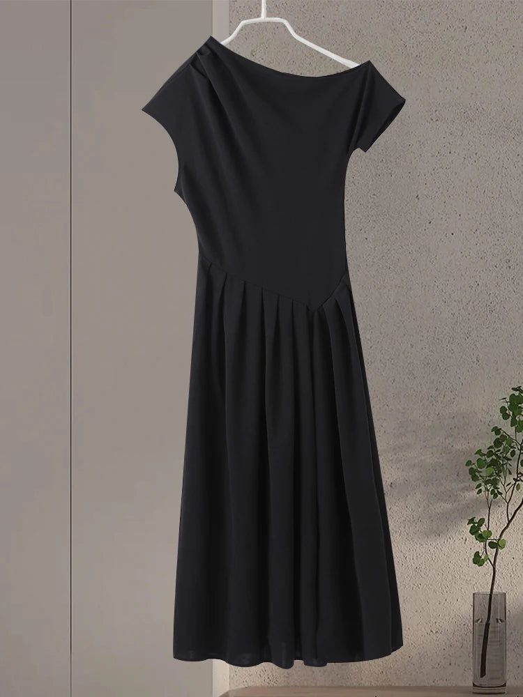 Summer Lady Patchwork Pleated Maxi Dress Chic Elegant Black Half-turtleneck Short Sleeve High Waist Dresses Office Street Robes