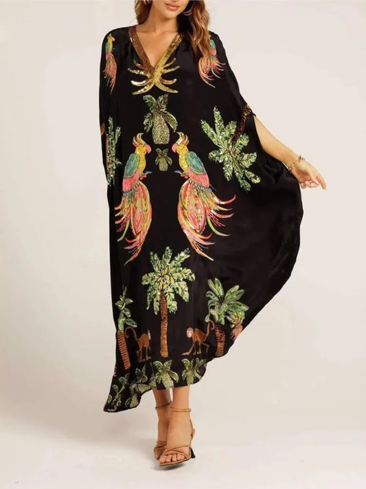 Women Bohemian Maxi Dresses 2025 Summer Loose V-neck Fashion Sexy Hipster Elegant Retro Printed Female Casual Long Robe Vestidos