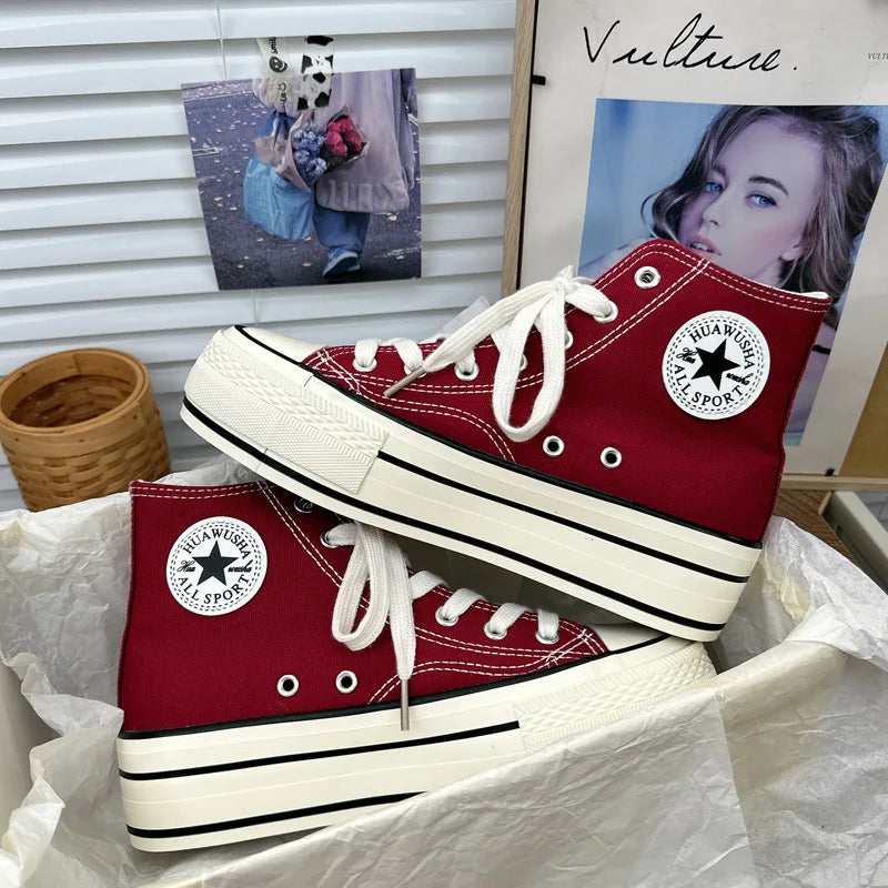 2024 New Style Korean Versatilewine Red High Top Shiny Canva Women's Shoes With Thick Sole 4CM Low Top Sneaker H-1