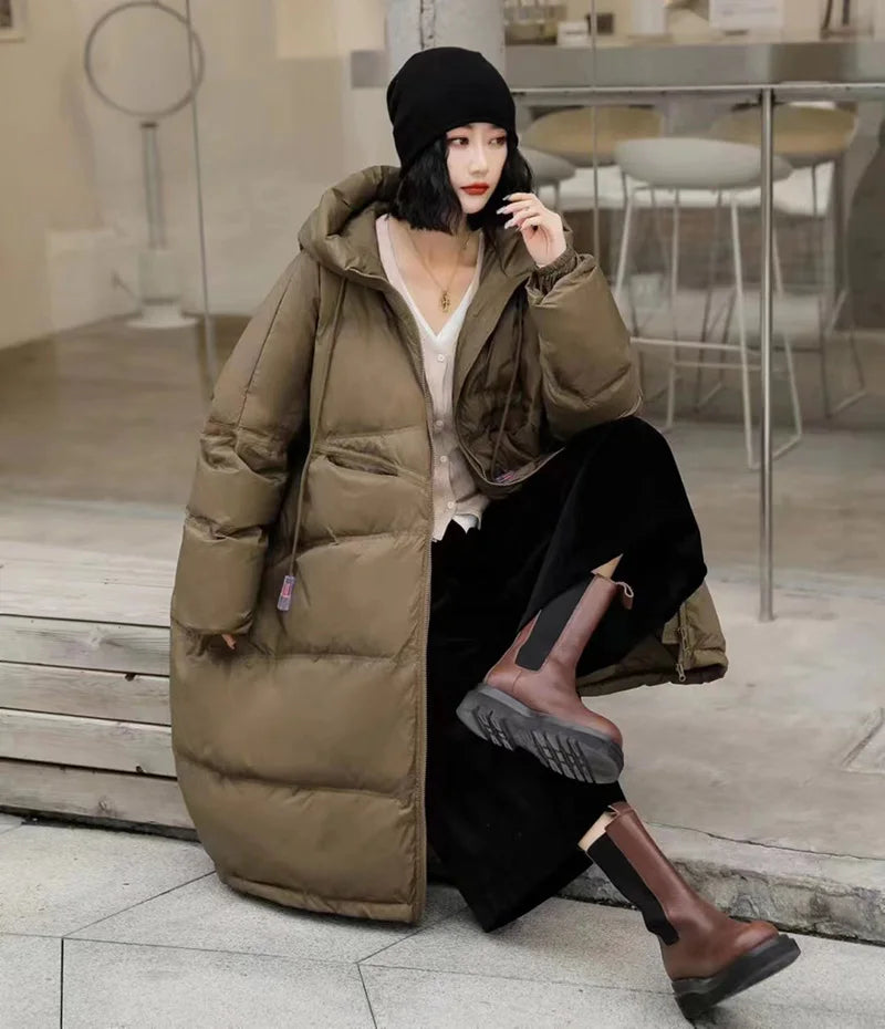 Schinteon Women White Duck Down Jacket with Hood Autumn Winter Warm Long Outwear Over Size Loose Coat 2025 New