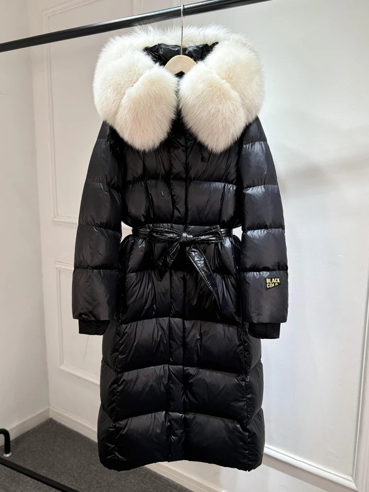 Janveny X-long Shiny Puffer Jacket Women Hooded Winter Thick Goose Down Coat Belt Large Natural Fox Fur Female Parkas Waterproof
