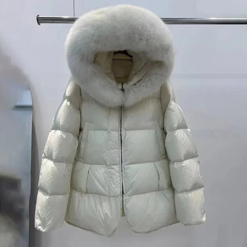 Schinteon Women 100% Real Fox Fur Collar White Duck Down Jacket with Hood Autumn Winter Warm Casual A-lined Warm Outwear Cape