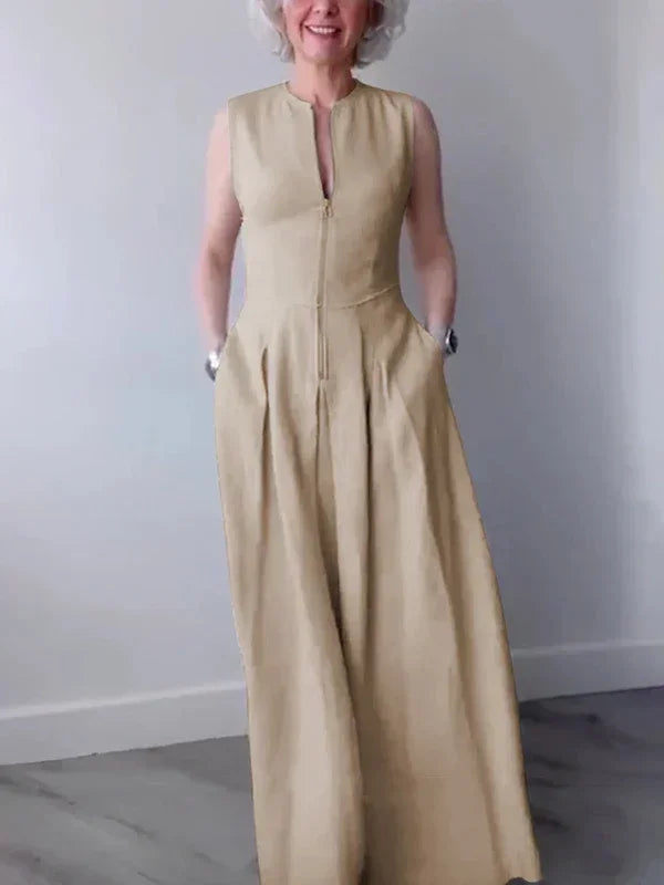 Lemongor Women Fashion Solid Color Zipper A-Line Dress 2025 New Summer Sleeveless Pockets Pleated Party Evening Maxi Dresses