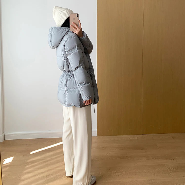 2023 New Autumn Winter Women Fashion Hooded 90% White Duck Down Coat Lady Slim Thick Warm Zipper Drawstring Lace-up Snow Jacket