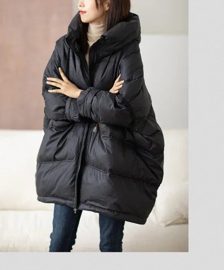 2024 New Winter Women 90% White Duck Down Jacket Casual Loose Over Size Warm Parka Female Drawstring Hooded Puffer Coat