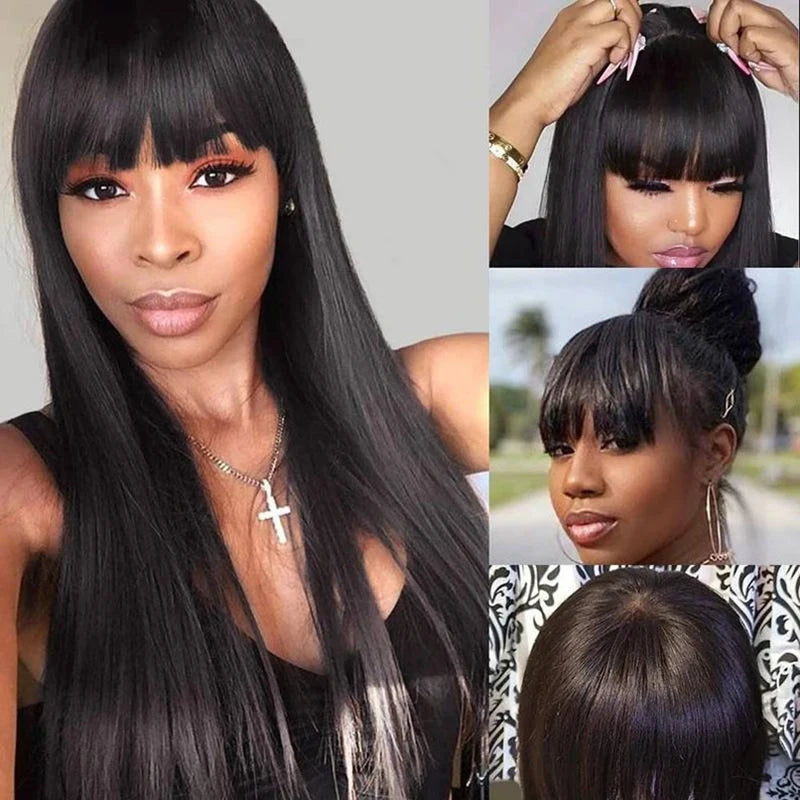 Straight Human Hair Wigs With Bangs 5x5 Hd Lace Closure Wig Fringe 13x4 Lace Frontal Glueless Wig Human Hair Ready To Wear Cheap