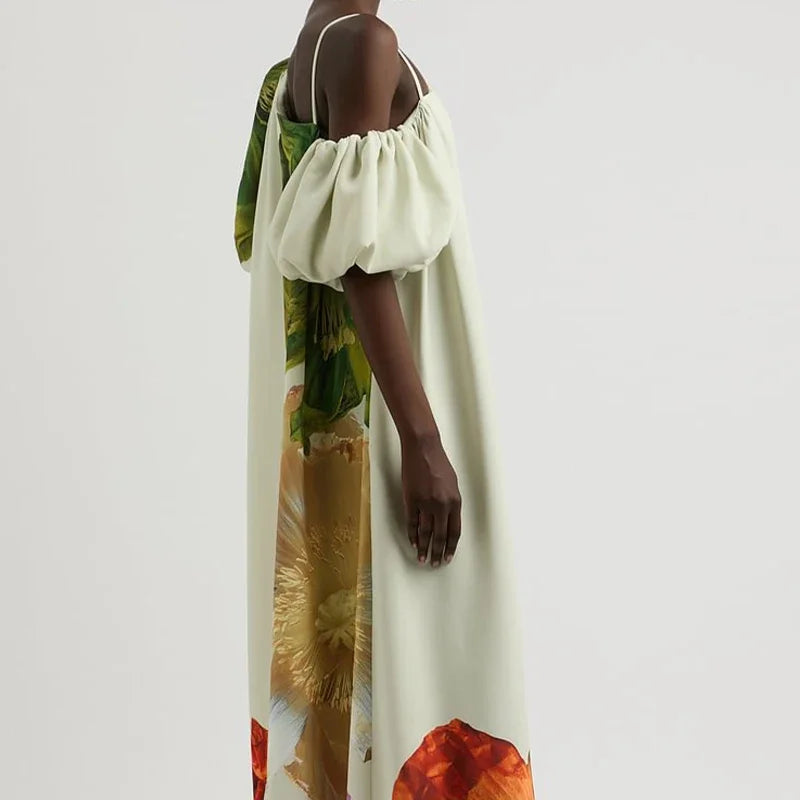 Women New Elegant Floral Printed Evening Maxi Dresses Loose One-Shoulder H-line Vacation Bohemia Dress