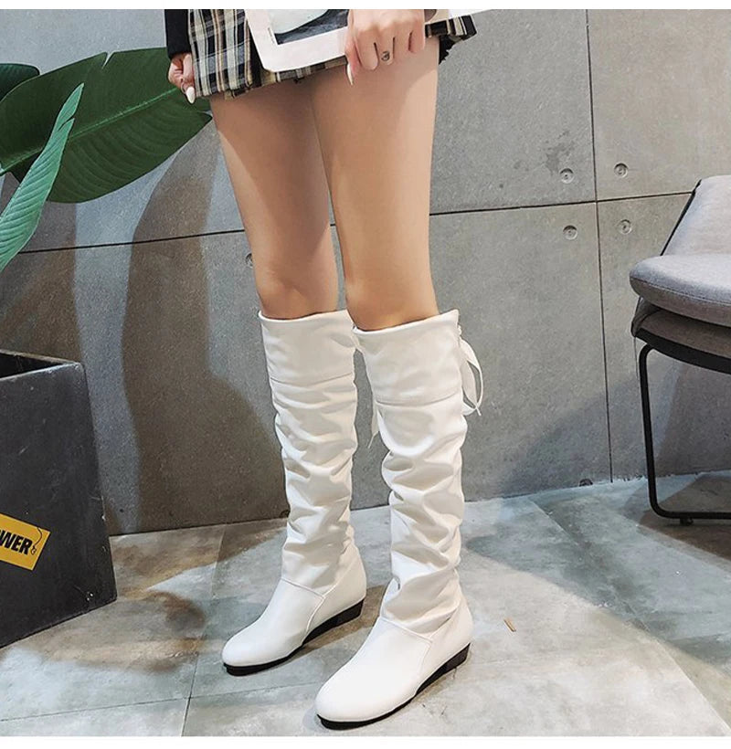 2023Shoes For Women  Knee High Boots Red Black White Tall Boots Woman Pleated Low Heel Casual Leather Female Long Shoes