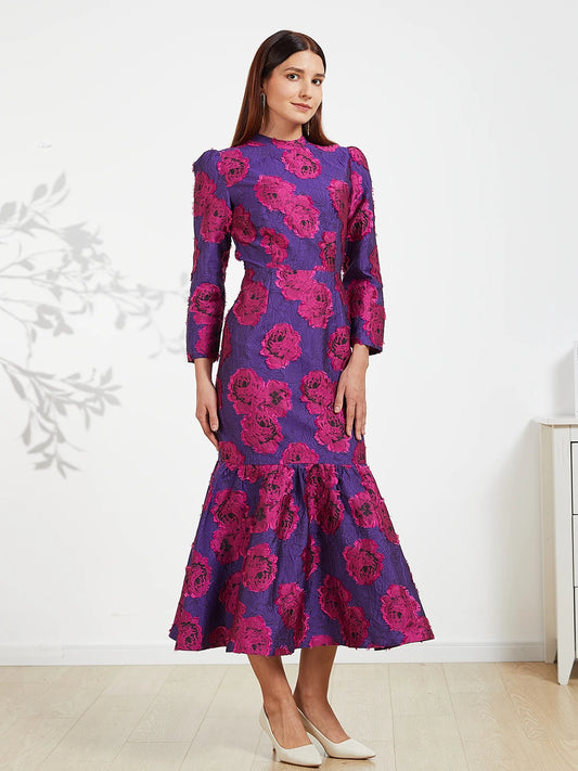 Elegant Brocade Women Maxi Mermaid Dress Long Vintage Flowers Slim Clothing Stand Collar Party Dresses Robe Femme Vestido