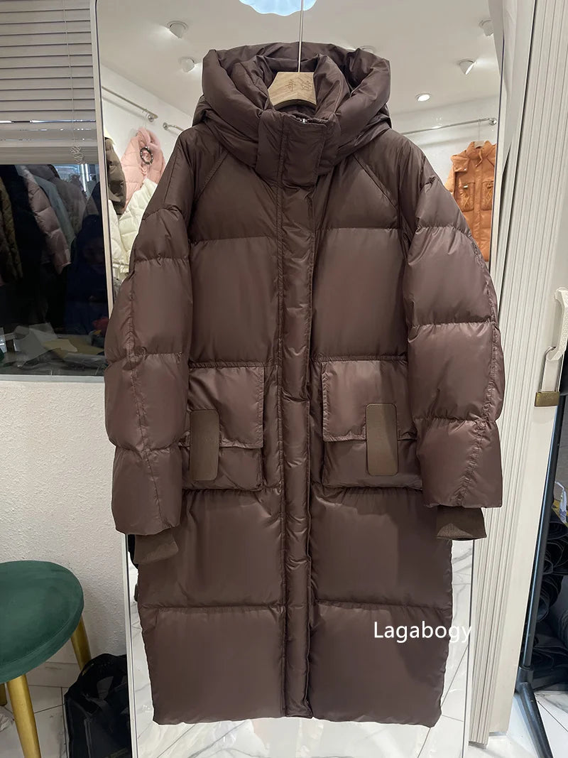 Lagabogy 2025 New Winter Women Puffer Jacket Female White Duck Down Coat Large Version of Warm Hooded Loose Thickened Long Parka