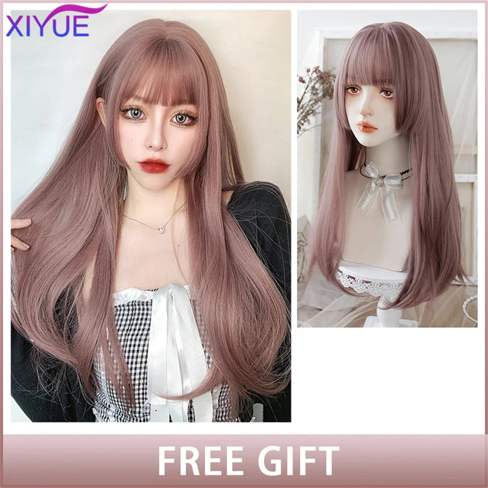 XIYUE Long Straight Black Wig With Bang Synthetic Wigs for Women Heat Resistant Natural Hair for Daily Halloween Cosplay Party