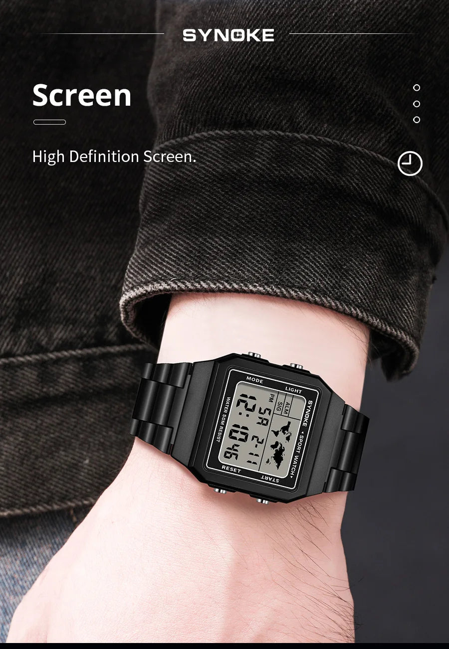 SYNOKE Top Brand Luxury Stainless Steel Chrono Sport Watches Men Back Light Display Digital Wristwatch 5Bar Waterproof Reloj Hom