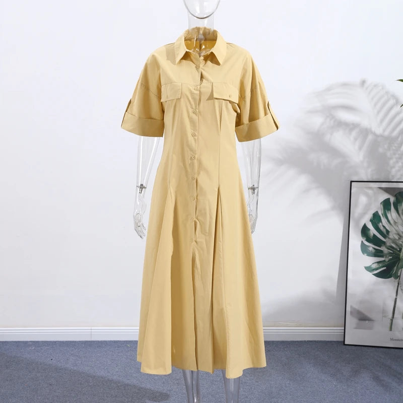 Elegant Single Breasted Khaki Long Dress Women Lapel Short Sleeve Pleat Slim Waist A-line Dresses 2025 Summer Autumn Lady Robes