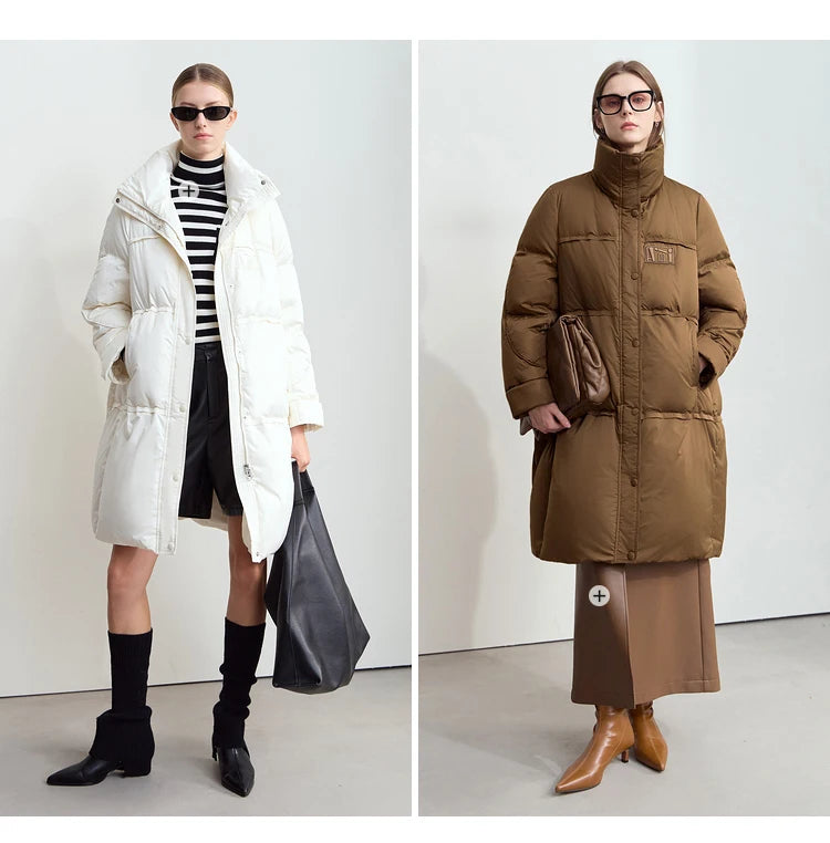 Amii 2024 Winter New Women's Velcro Loose Coat Top Warm Stand-up Collar Letter Embroidered Seal Zipper Down Jacket 12444103