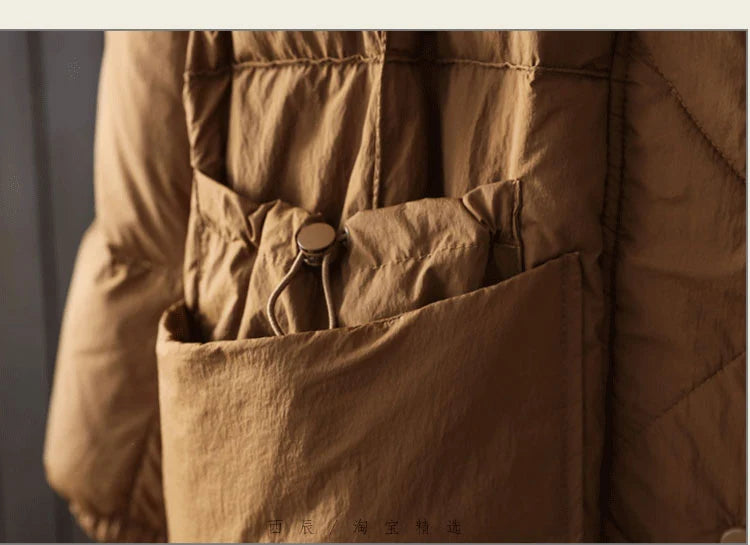 Schinteon Women White Duck Down Long Jacket Casual Loose Autumn Winter Outwear with Hood Warm Coat Big Pockets 2024 Korean Style