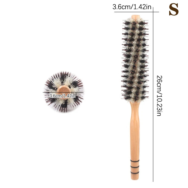 Natural Boar Bristle Roller Brush Barber Hair Roller Wood Hair Brush Round Barrel Hair Comb For Women Curly Hair Hairdressing