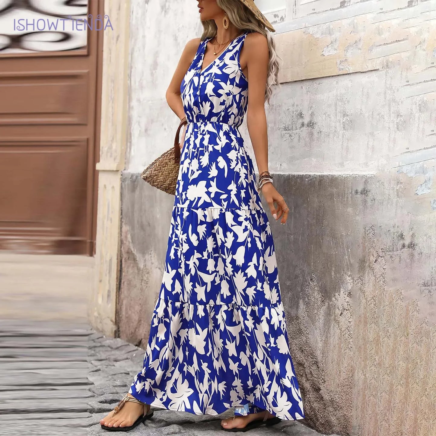 Maxi Dresses For Women Summer Tiered Ruffle Print Boho Beach Ladies Vestidos Evening Party Elegant Dress Vintage Long Dress