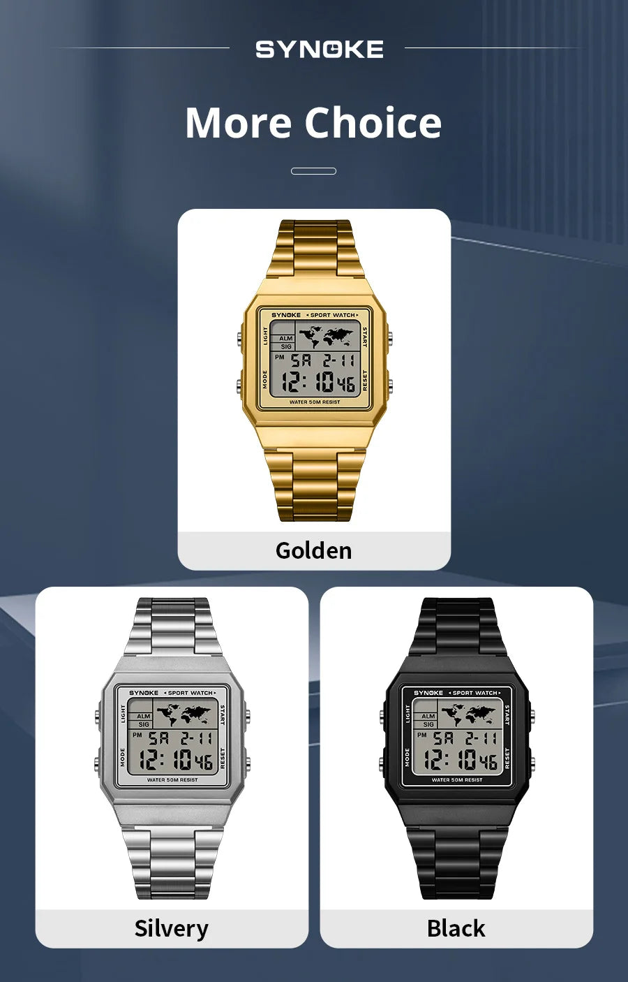 SYNOKE Top Brand Luxury Stainless Steel Chrono Sport Watches Men Back Light Display Digital Wristwatch 5Bar Waterproof Reloj Hom