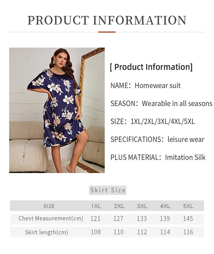 Plus Size Silk Satin Short Sleeves O Neck Women Nightgown Floral Print Sleepwear Nightwear Female Homewear Lounge Clothes