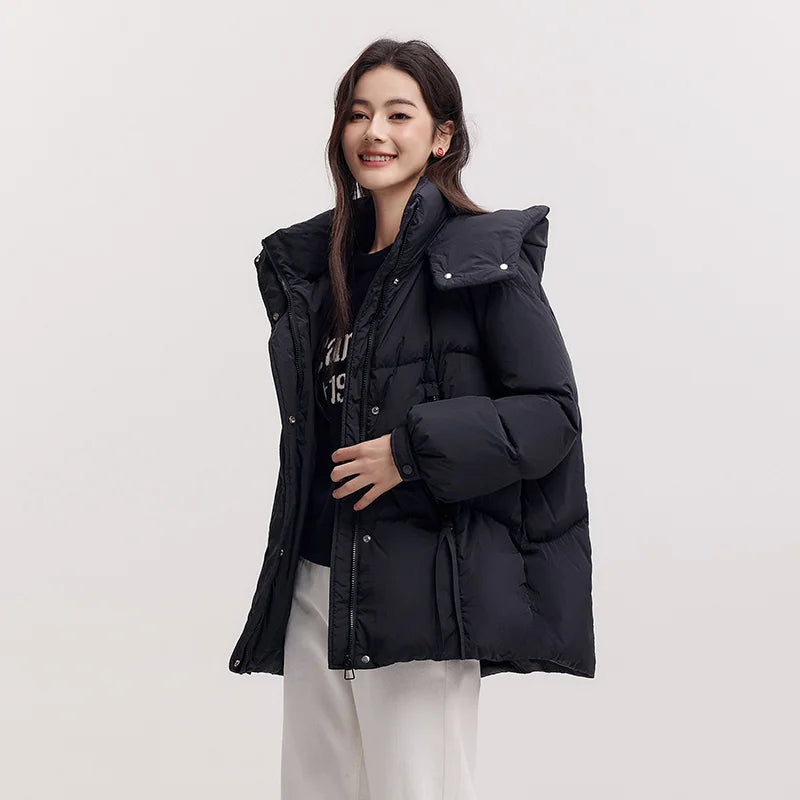Semir Mid-Length Down Jacket Women Loose Fit Hooded Textured Coat 2025 New Winter Casual Warm Style