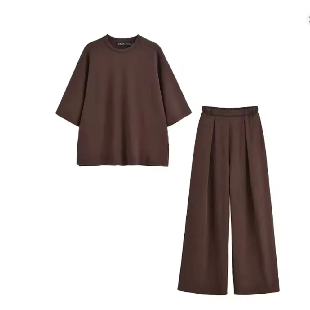 Women Set Sweet O-neck Short Sleeve T-shirt Wide Leg Elastic Waist Trousers 2025 Summer Lady Outfit Casual Solid Top Pants