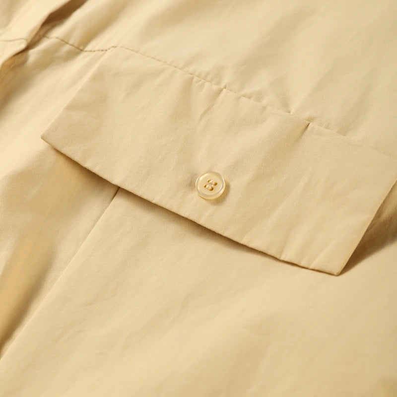 Elegant Single Breasted Khaki Long Dress Women Lapel Short Sleeve Pleat Slim Waist A-line Dresses 2025 Summer Autumn Lady Robes